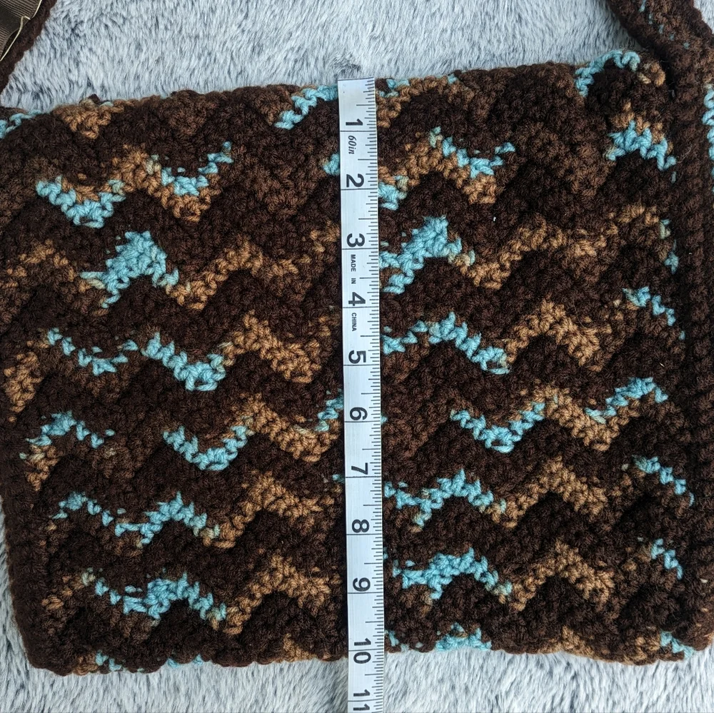 Handmade Crocheted Ripple Shoulder‎ Bag & Accessory Pouch Set Blue & Brown